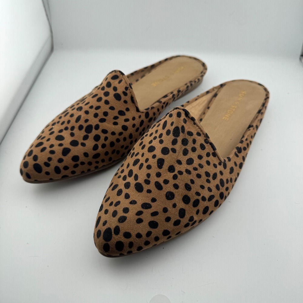 Sun + Stone Mules Women 9 Tan Cheetah Print Pointed Toe Flat Slides Slip On